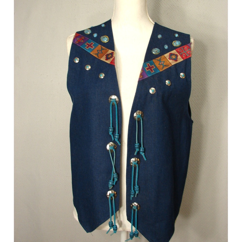 Vtg Craftwares Cowboy Western Rodeo Blue Heavy Denim Jean Vest Southwestern M